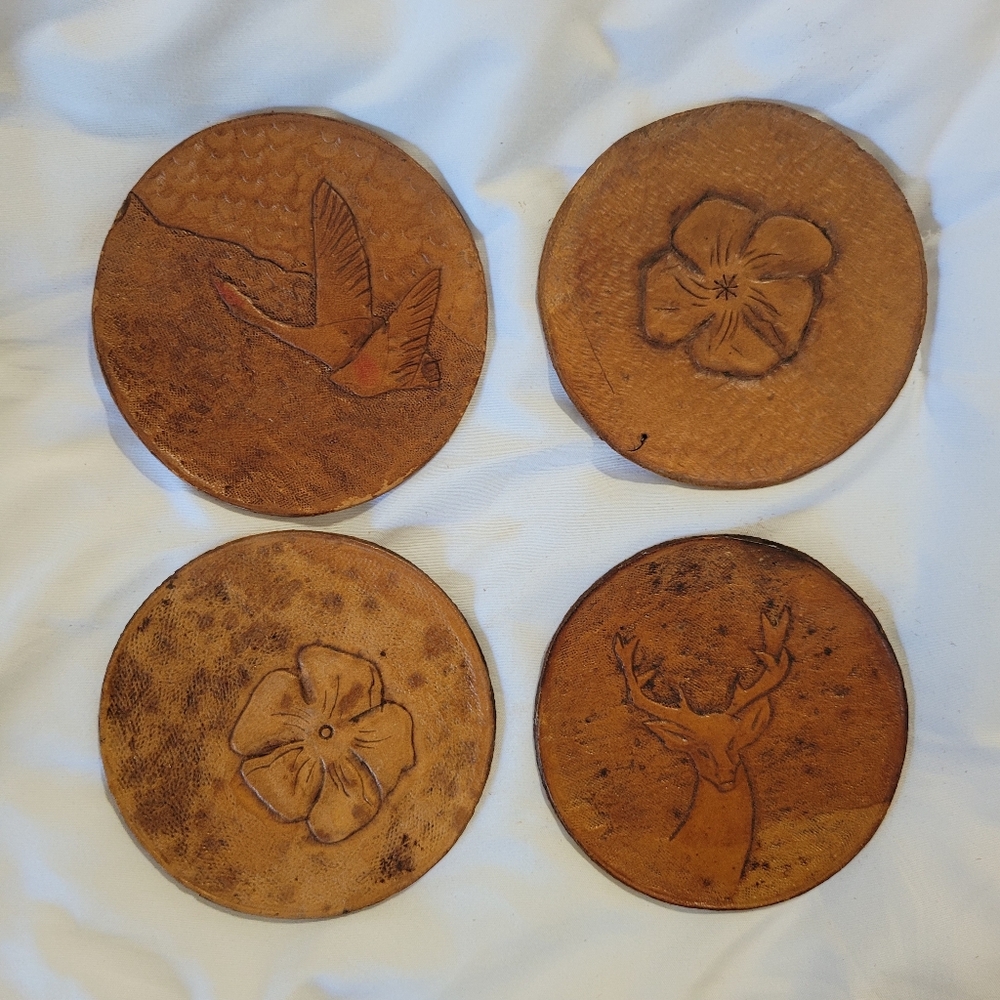Vintage set of 4 Embossed Leather Coasters Flower, Deer and bird